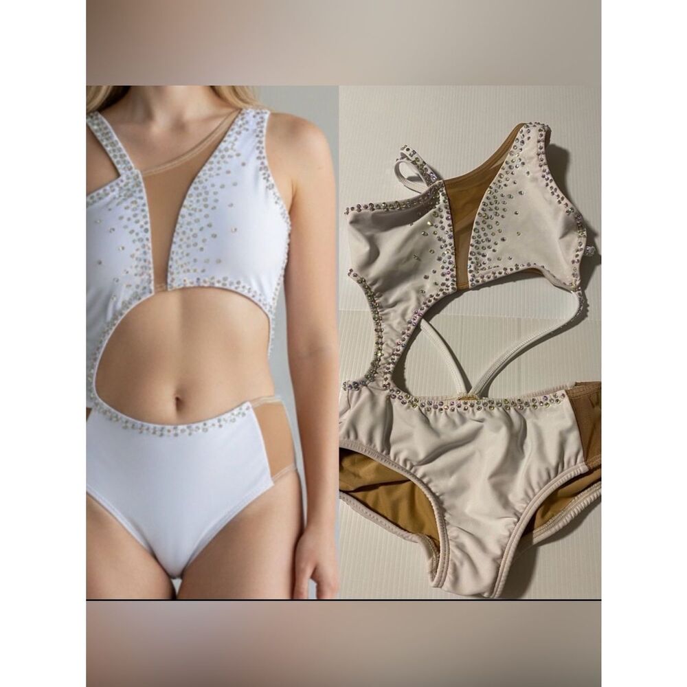 AA dance design costume solo white custom illusion clover leotard XSA XS adul